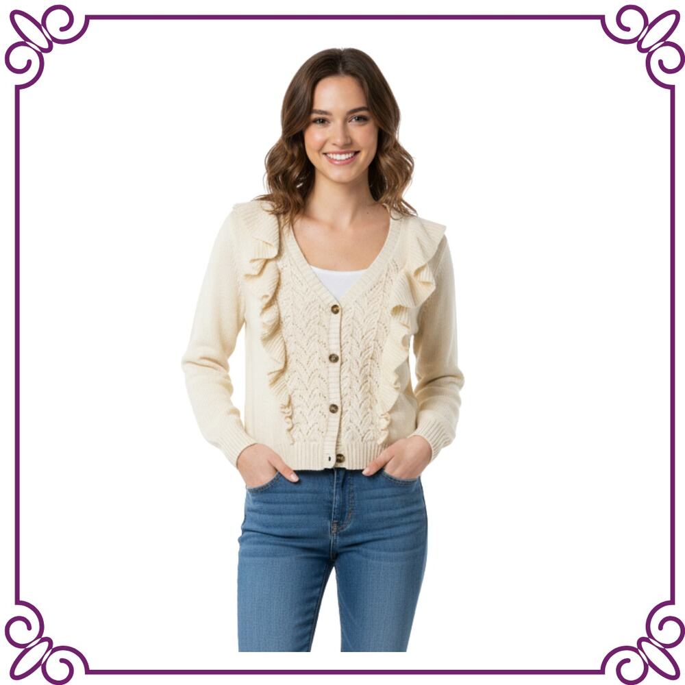 LC Lauren Conrad Cotton Blend Cardigan Sweater Ruffles Beige Size S